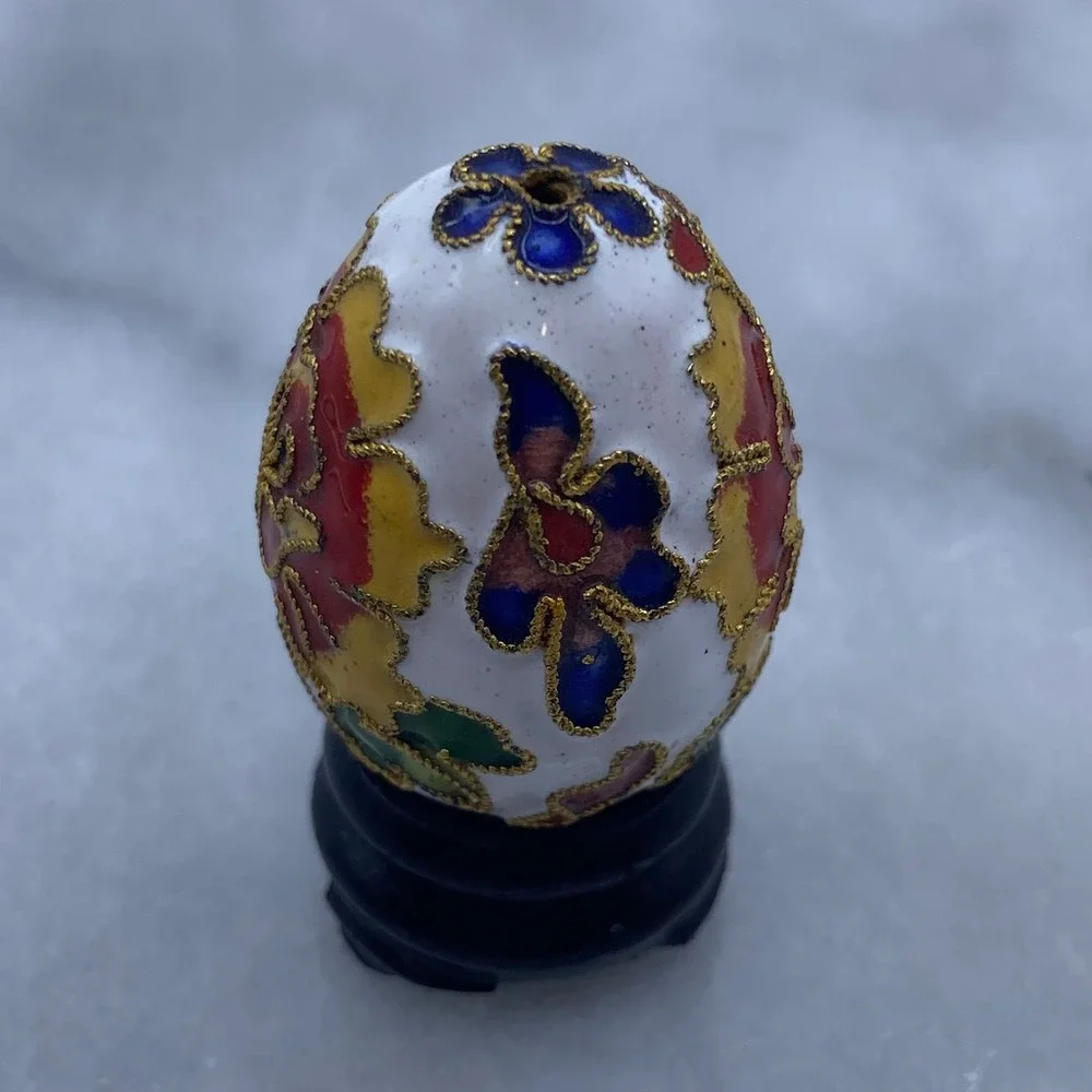 Cloisonne Enamel Floral Miniature Decorative Egg White Red Gold Stand Art Easter